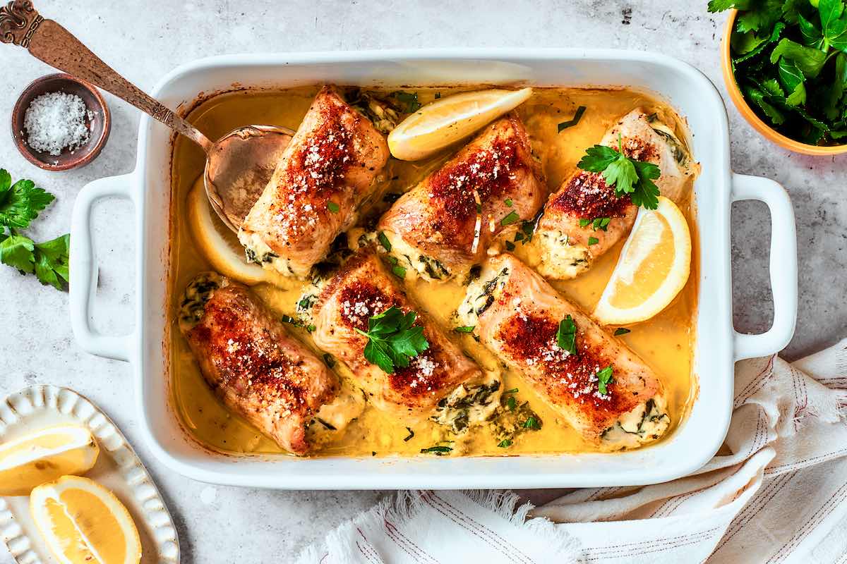 stuffed flounder in a baking dish.